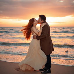 A romantic scene capturing a couple kissing passionately by the sea