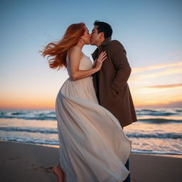 A romantic scene capturing a couple kissing passionately by the sea