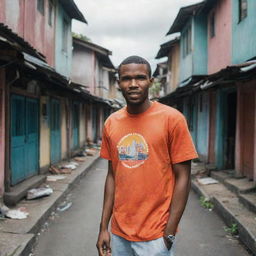 Frank Ocean exploring the slums of the Philippines, whilst interacting with locals, with a backdrop of narrow alleys and colorful makeshift houses.