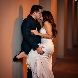 A passionate couple kissing intensely against a wall, with the man lifting the woman’s leg as she wraps it around him