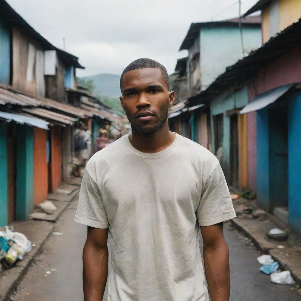 Frank Ocean exploring the slums of the Philippines, whilst interacting with locals, with a backdrop of narrow alleys and colorful makeshift houses.