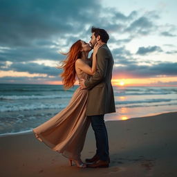 A romantic scene featuring a couple sharing a passionate kiss by the sea