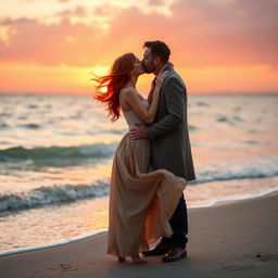 A romantic scene featuring a couple sharing a passionate kiss by the sea