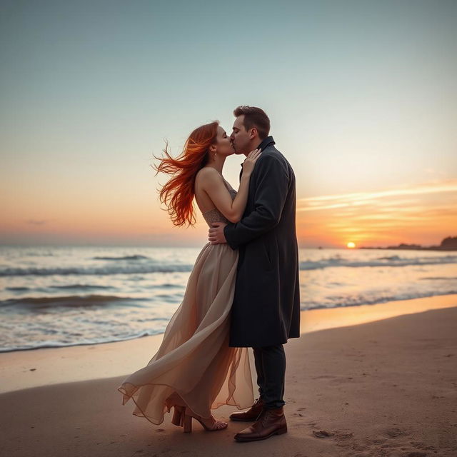 A romantic scene featuring a couple sharing a passionate kiss by the sea