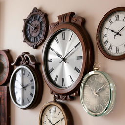 A stunning collection of wall clocks made from various materials including rich dark wood, polished metal, natural stone, and elegant glass