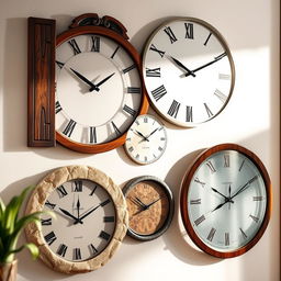 A stunning collection of wall clocks made from various materials including rich dark wood, polished metal, natural stone, and elegant glass