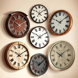 A stunning collection of wall clocks made from various materials including rich dark wood, polished metal, natural stone, and elegant glass