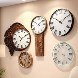 A stunning collection of wall clocks made from various materials including rich dark wood, polished metal, natural stone, and elegant glass