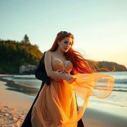 A vampire passionately kissing a ginger-haired human woman on a scenic beach, with a lush green forest in the background