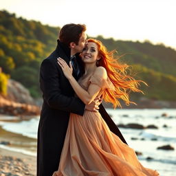 A vampire passionately kissing a ginger-haired human woman on a scenic beach, with a lush green forest in the background