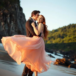 A vampire passionately kissing a ginger-haired human woman on a scenic beach, with a lush green forest in the background