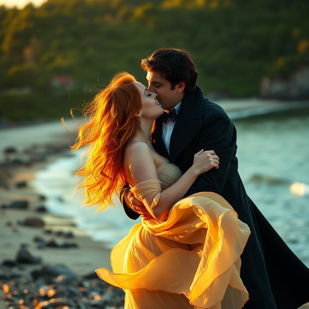 A vampire passionately kissing a ginger-haired human woman on a scenic beach, with a lush green forest in the background