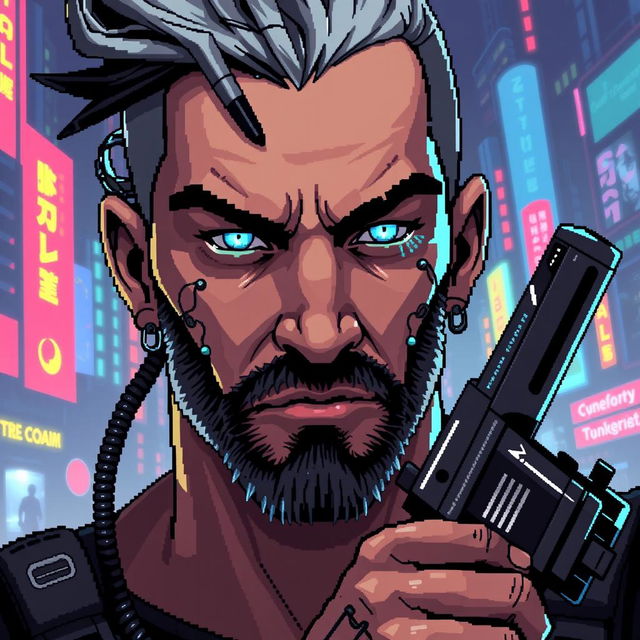 A detailed pixel art depiction of a cyberpunk mercenary's face showcasing intricate cybernetic implants