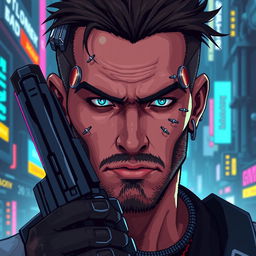 A detailed pixel art depiction of a cyberpunk mercenary's face showcasing intricate cybernetic implants