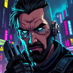 A detailed pixel art depiction of a cyberpunk mercenary's face showcasing intricate cybernetic implants