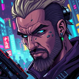 A detailed pixel art depiction of a cyberpunk mercenary's face showcasing intricate cybernetic implants