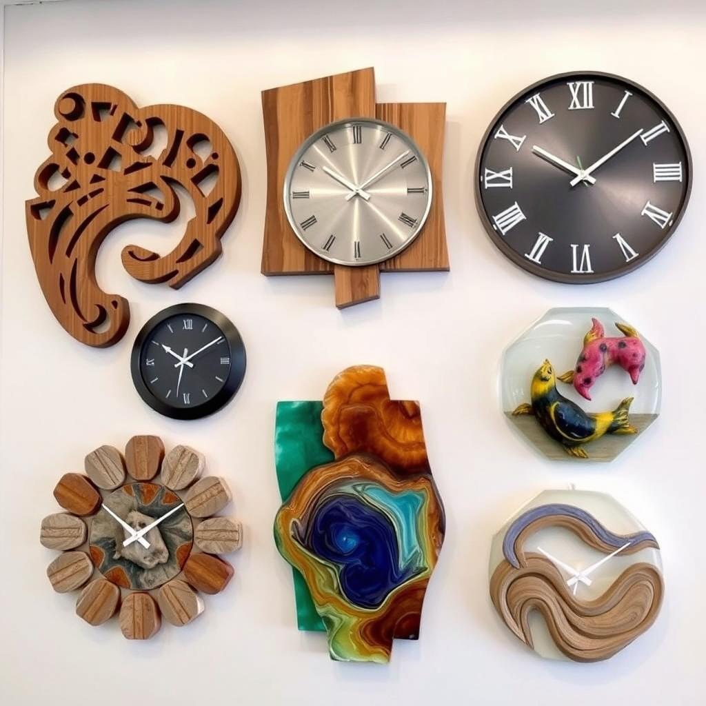 Interesting, unique, and exclusive wall clocks made from wood, metal, stone, glass, gypsum, and sand