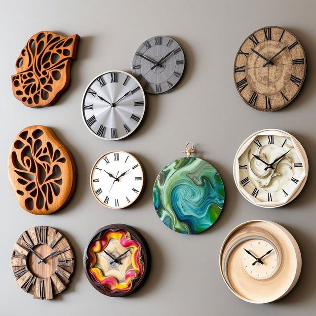 Interesting, unique, and exclusive wall clocks made from wood, metal, stone, glass, gypsum, and sand