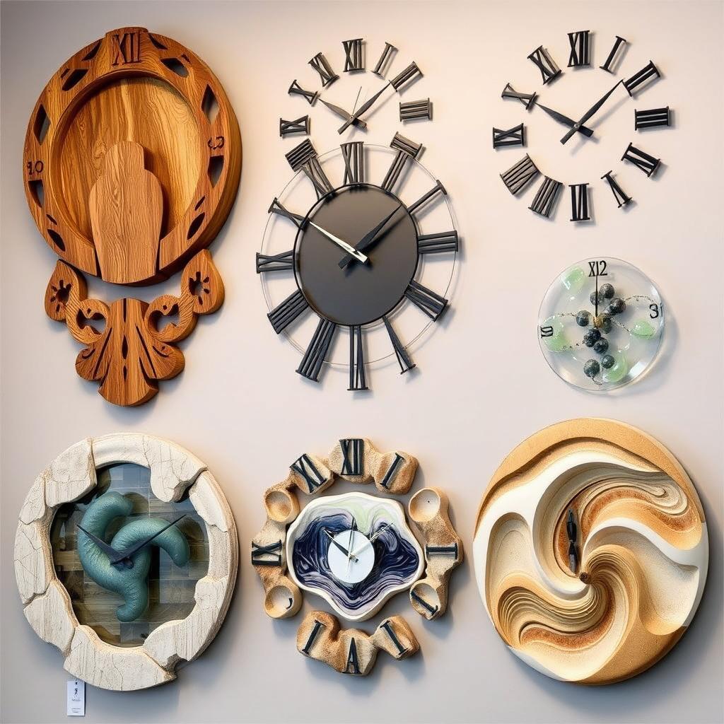 Interesting, unique, and exclusive wall clocks crafted from wood, metal, stone, glass, gypsum, and sand