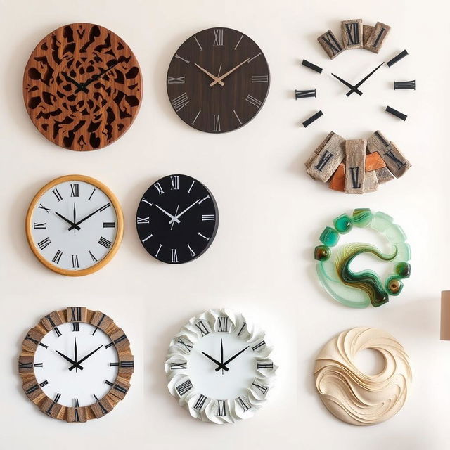 Interesting, unique, and exclusive wall clocks crafted from wood, metal, stone, glass, gypsum, and sand