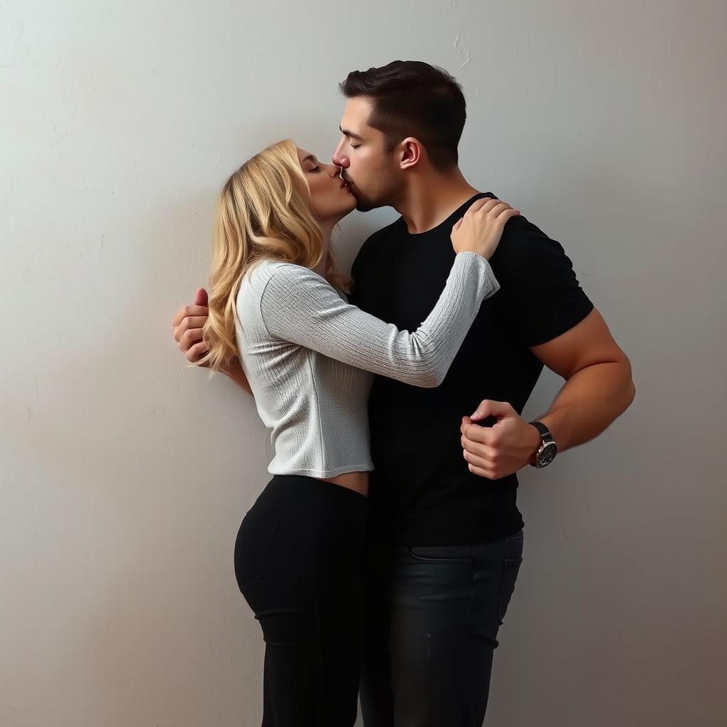 A tall, strong man holding a shorter, blonde woman against a wall by her wrists, passionately kissing her on the lips