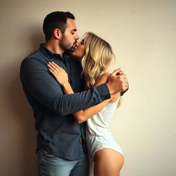 A tall, strong man holding a shorter, blonde woman against a wall by her wrists, passionately kissing her on the lips