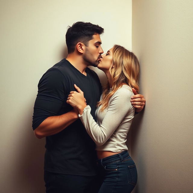 A tall, strong man holding a shorter, blonde woman against a wall by her wrists, passionately kissing her on the lips