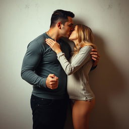 A tall, strong man holding a shorter, blonde woman against a wall by her wrists, passionately kissing her on the lips