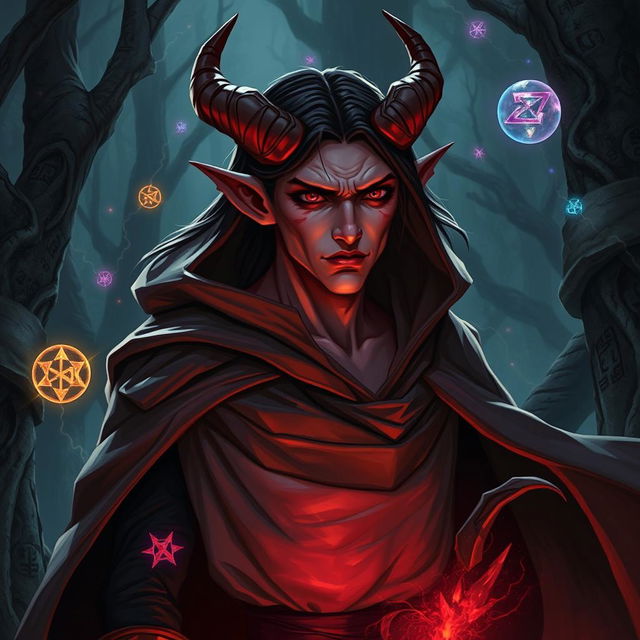 A striking Dungeons and Dragons scene featuring a warlock tiefling character