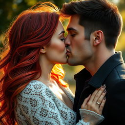 A passionate kiss between a couple, with the woman being a stunning redhead with vibrant, flowing hair and captivating green eyes