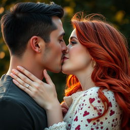 A passionate kiss between a couple, with the woman being a stunning redhead with vibrant, flowing hair and captivating green eyes