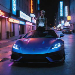 Music artist xxxtentacion energetically drifting a shiny, high-speed sports car on a vibrant city street under neon lights