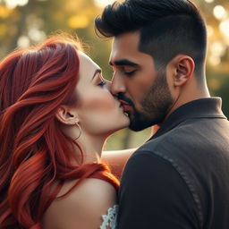 A passionate kiss between a couple, with the woman being a stunning redhead with vibrant, flowing hair and captivating green eyes