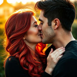 A passionate kiss between a couple, with the woman being a stunning redhead with vibrant, flowing hair and captivating green eyes