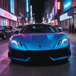 Music artist xxxtentacion energetically drifting a shiny, high-speed sports car on a vibrant city street under neon lights