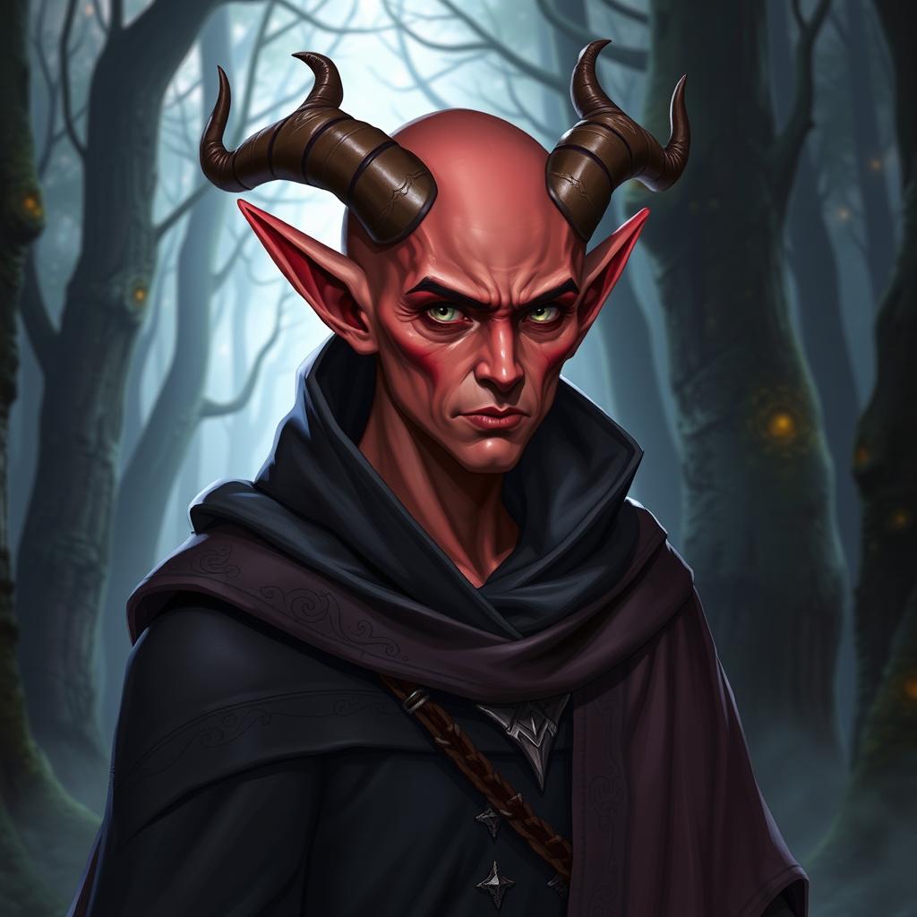 A Dungeons and Dragons warlock tiefling character with very light red skin, adorned with two small graceful horns on their forehead, wearing a long ornated cloak that drapes elegantly over their shoulders