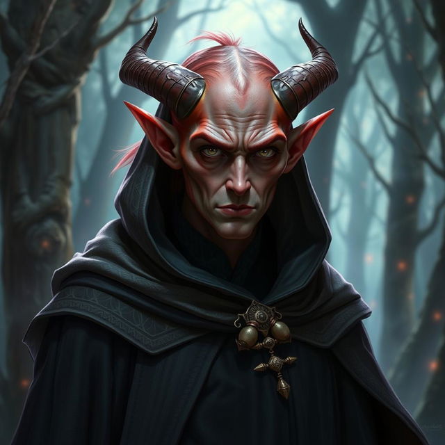 A Dungeons and Dragons warlock tiefling character with very light red skin, adorned with two small graceful horns on their forehead, wearing a long ornated cloak that drapes elegantly over their shoulders