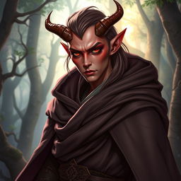 A Dungeons and Dragons warlock tiefling character with very light red skin, adorned with two small graceful horns on their forehead, wearing a long ornated cloak that drapes elegantly over their shoulders