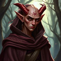 A Dungeons and Dragons warlock tiefling character with very light red skin, adorned with two small graceful horns on their forehead, wearing a long ornated cloak that drapes elegantly over their shoulders