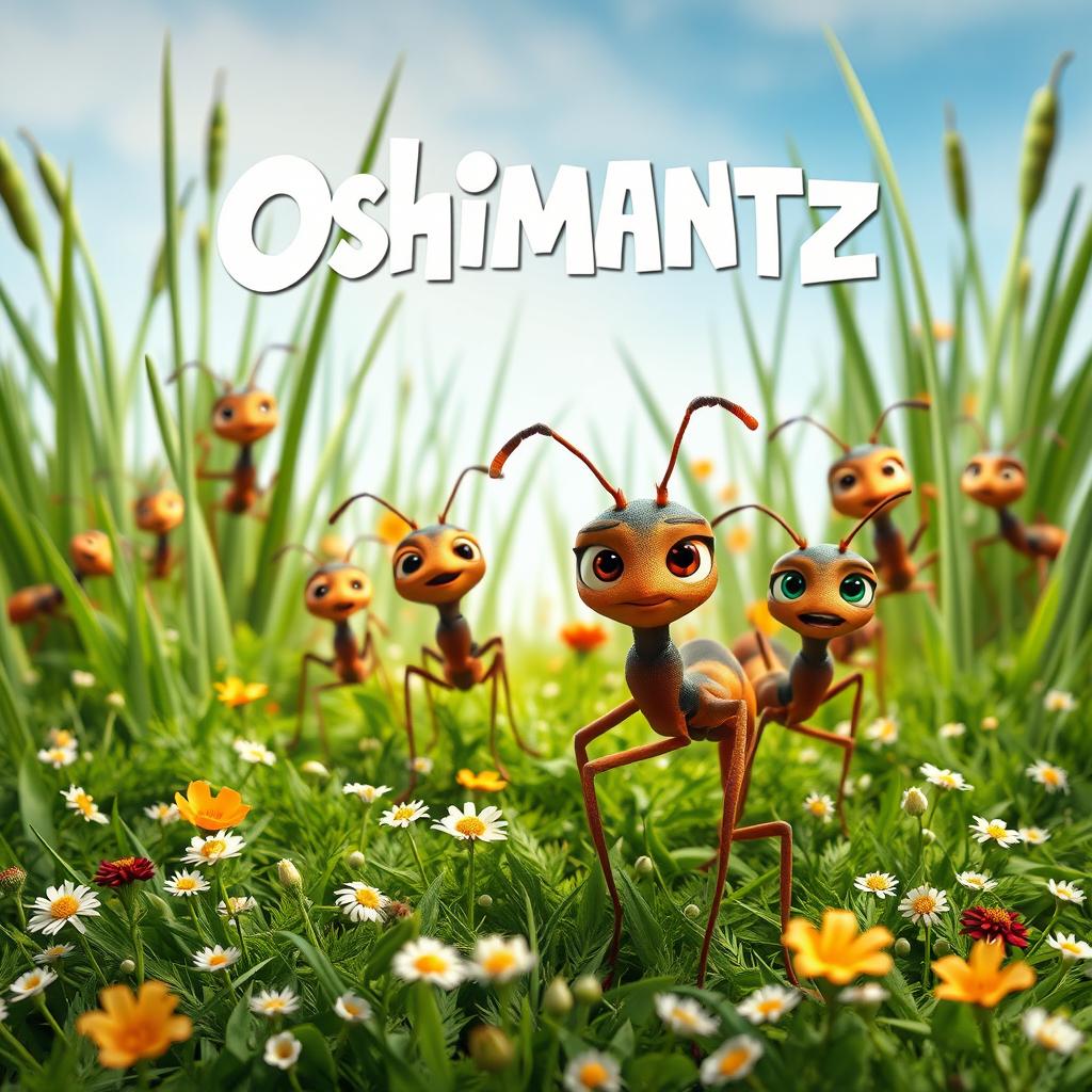 A captivating film poster for 'Oshimantz', inspired by the aesthetics of the 'Antz' animated movie