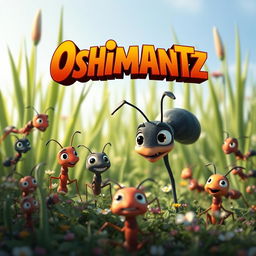 A captivating film poster for 'Oshimantz', inspired by the aesthetics of the 'Antz' animated movie