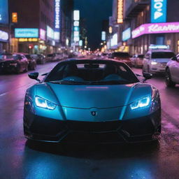 Music artist xxxtentacion energetically drifting a shiny, high-speed sports car on a vibrant city street under neon lights