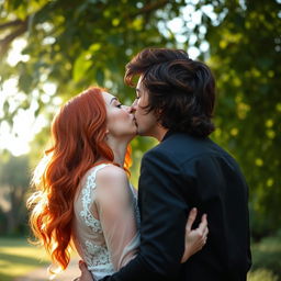 A distant view of a couple sharing a romantic kiss, with the woman being a striking redhead whose vibrant hair stands out against the serene backdrop