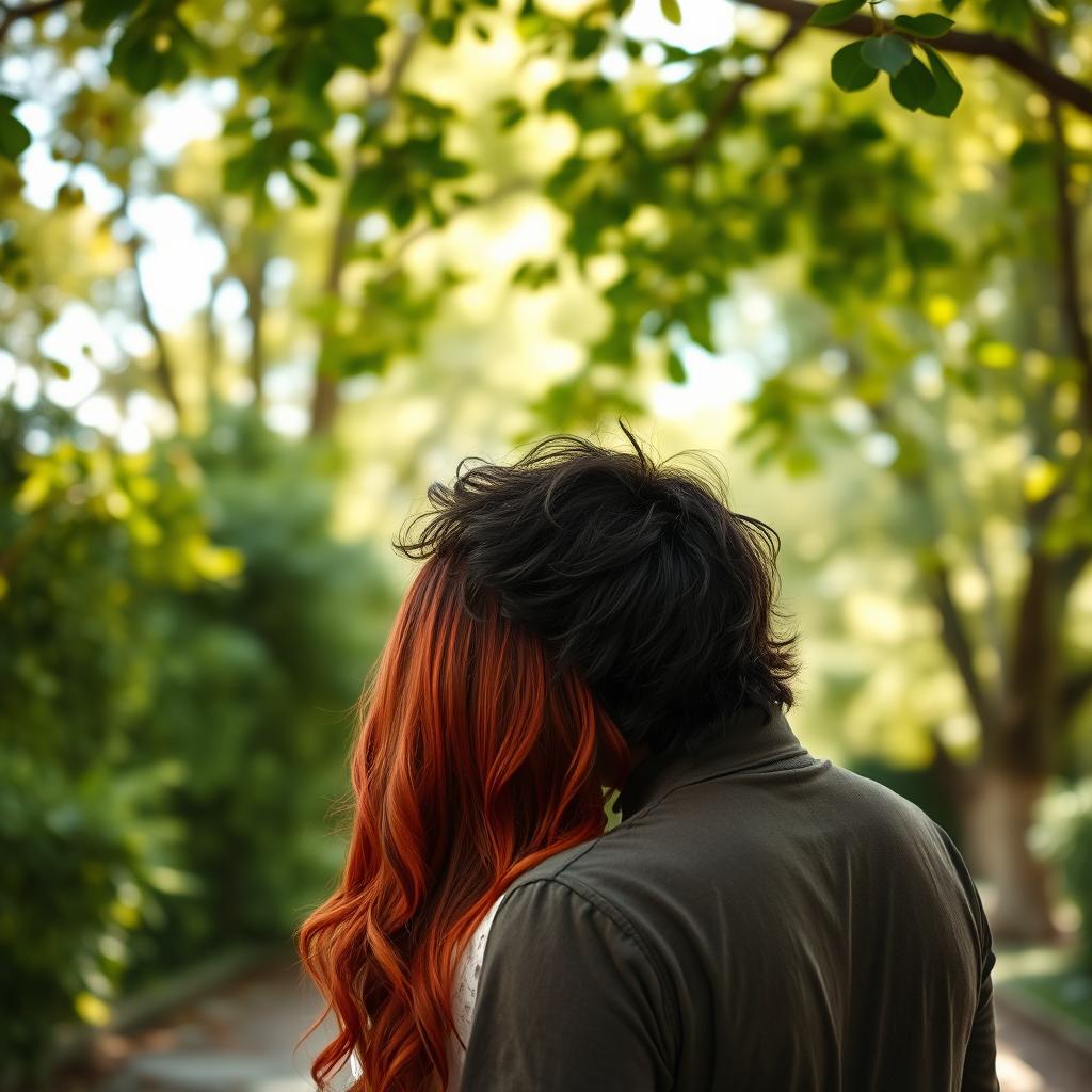 A distant view of a couple sharing a romantic kiss, with the woman being a striking redhead whose vibrant hair stands out against the serene backdrop