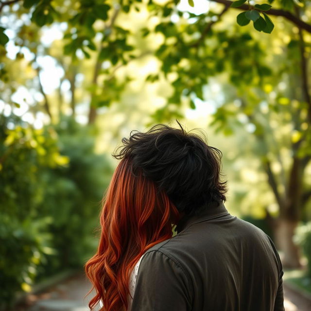 A distant view of a couple sharing a romantic kiss, with the woman being a striking redhead whose vibrant hair stands out against the serene backdrop