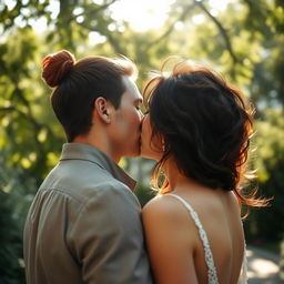 A distant view of a couple sharing a romantic kiss, with the woman being a striking redhead whose vibrant hair stands out against the serene backdrop