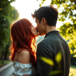 A distant view of a couple sharing a romantic kiss, with the woman being a striking redhead whose vibrant hair stands out against the serene backdrop