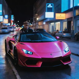 Music artist xxxtentacion energetically drifting a shiny, high-speed sports car on a vibrant city street under neon lights