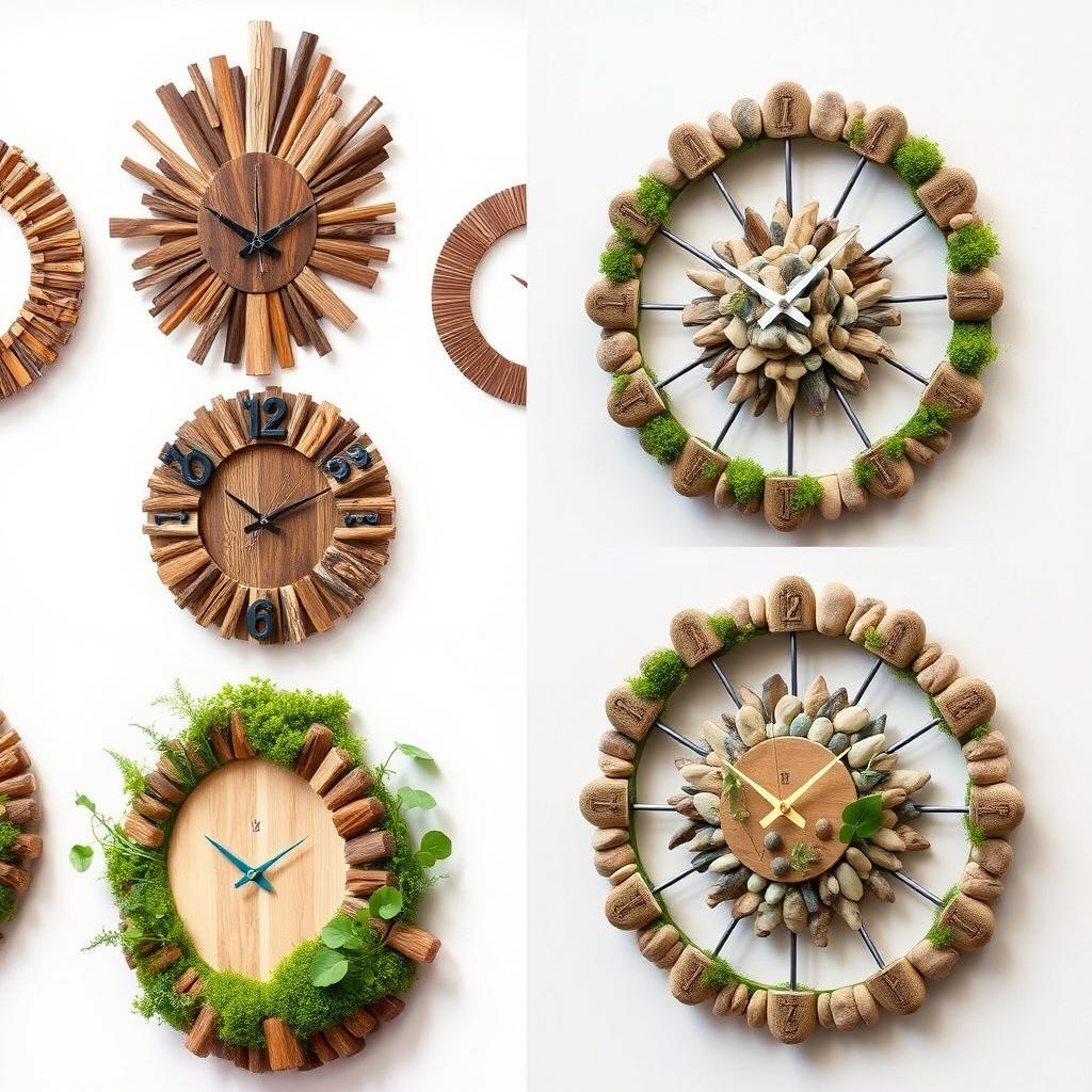 Unique and original wall clock designs made from natural materials, showcasing creativity and exclusivity