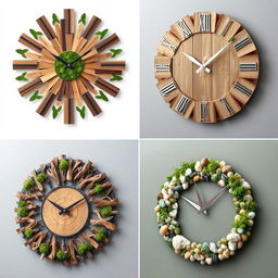 Unique and original wall clock designs made from natural materials, showcasing creativity and exclusivity